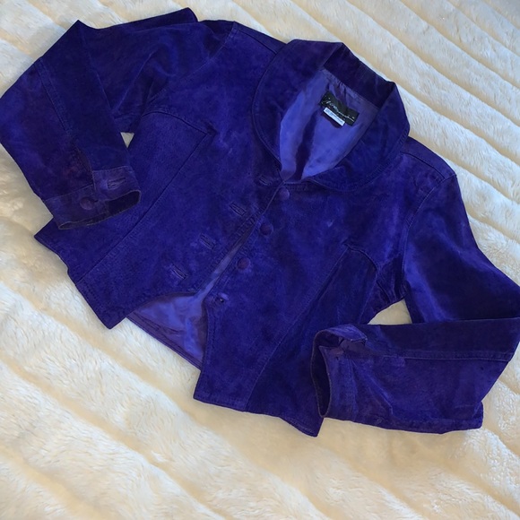 New Wave retro Vintage 80s purple genuine suede leather jacket size S M - Picture 6 of 13